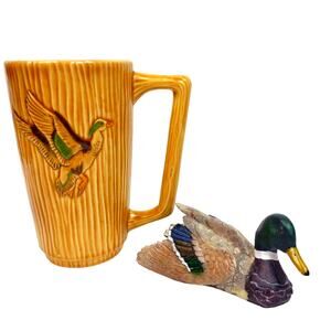 Vintage Hand Painted Glazed Stein Coffee Mug Ducks And Mallard Duck Figurine Set